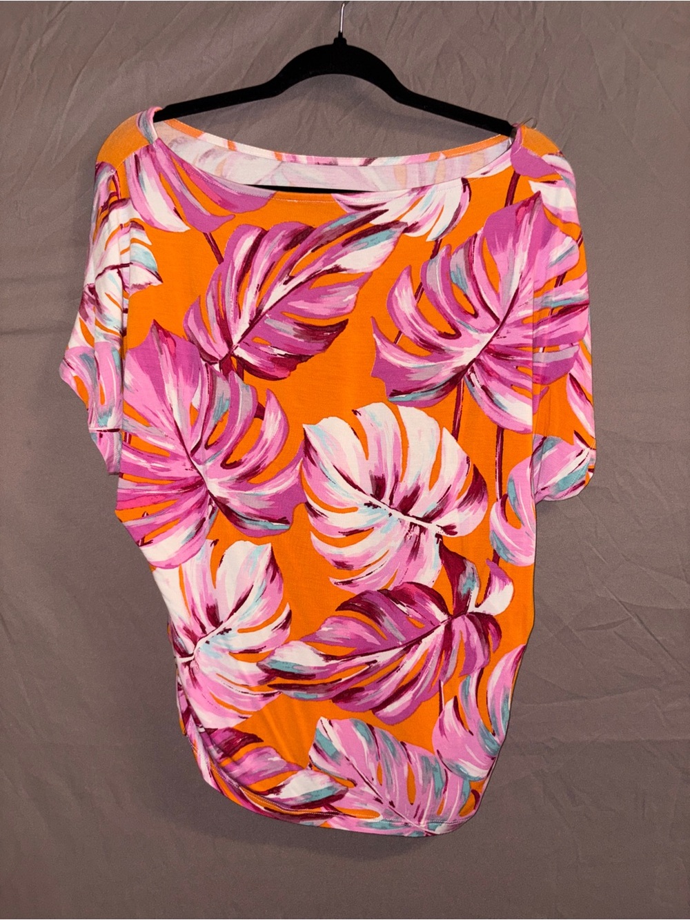 Women’s Orange Tropical Monstera Leaf Top with Pink Accents